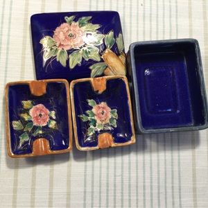 Vintage MCM, ceramic occupied Japan cigarette box and two ashtrays